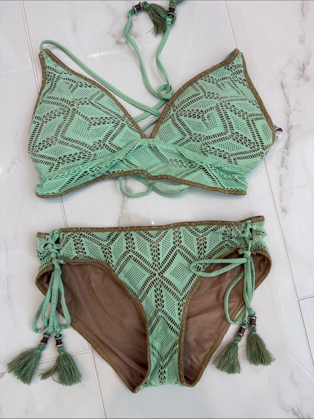 BECCA Mint Crochet Bikini with Tan Lining and Tassel Details